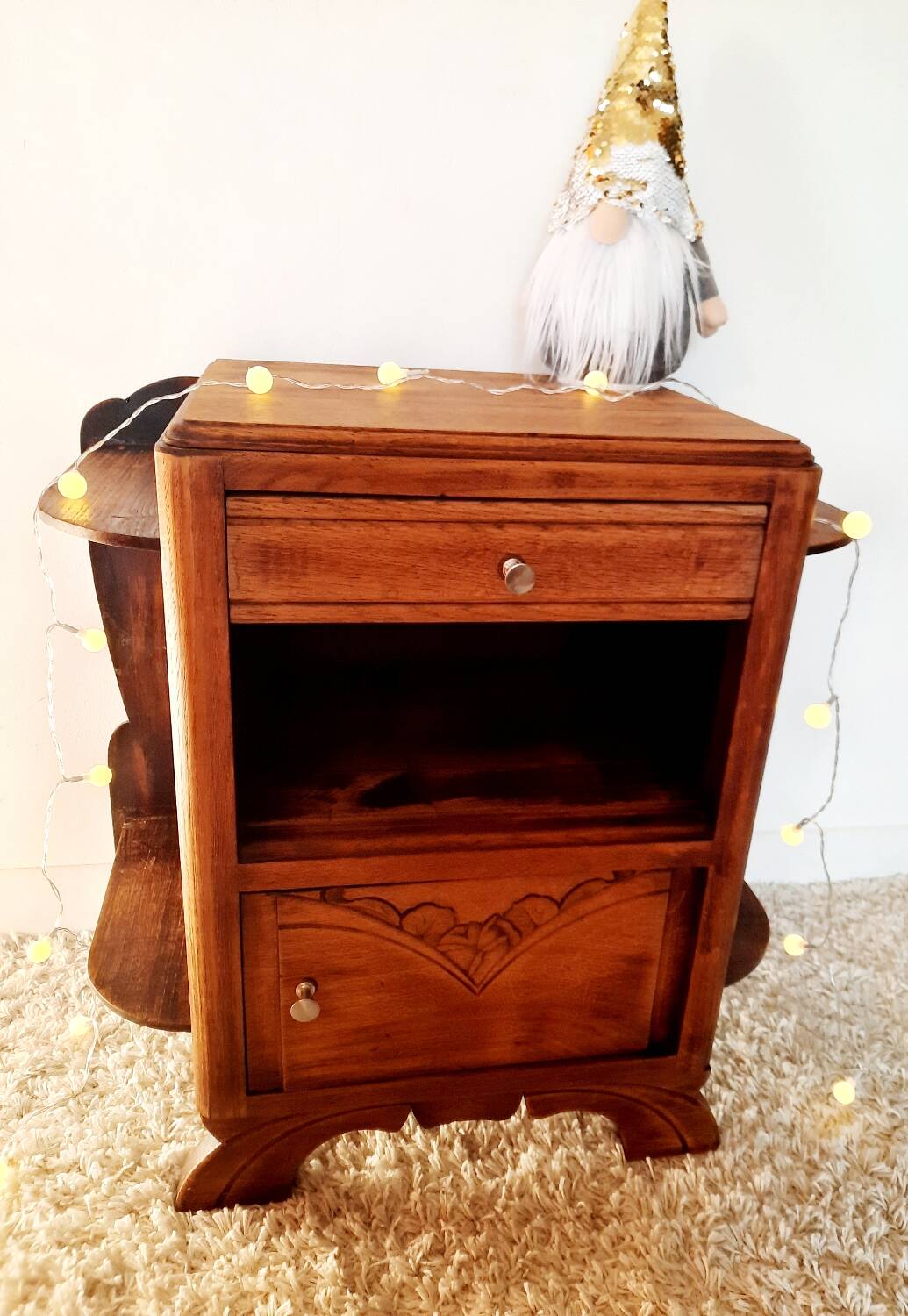 Antique Art Deco bedside table in raw wood