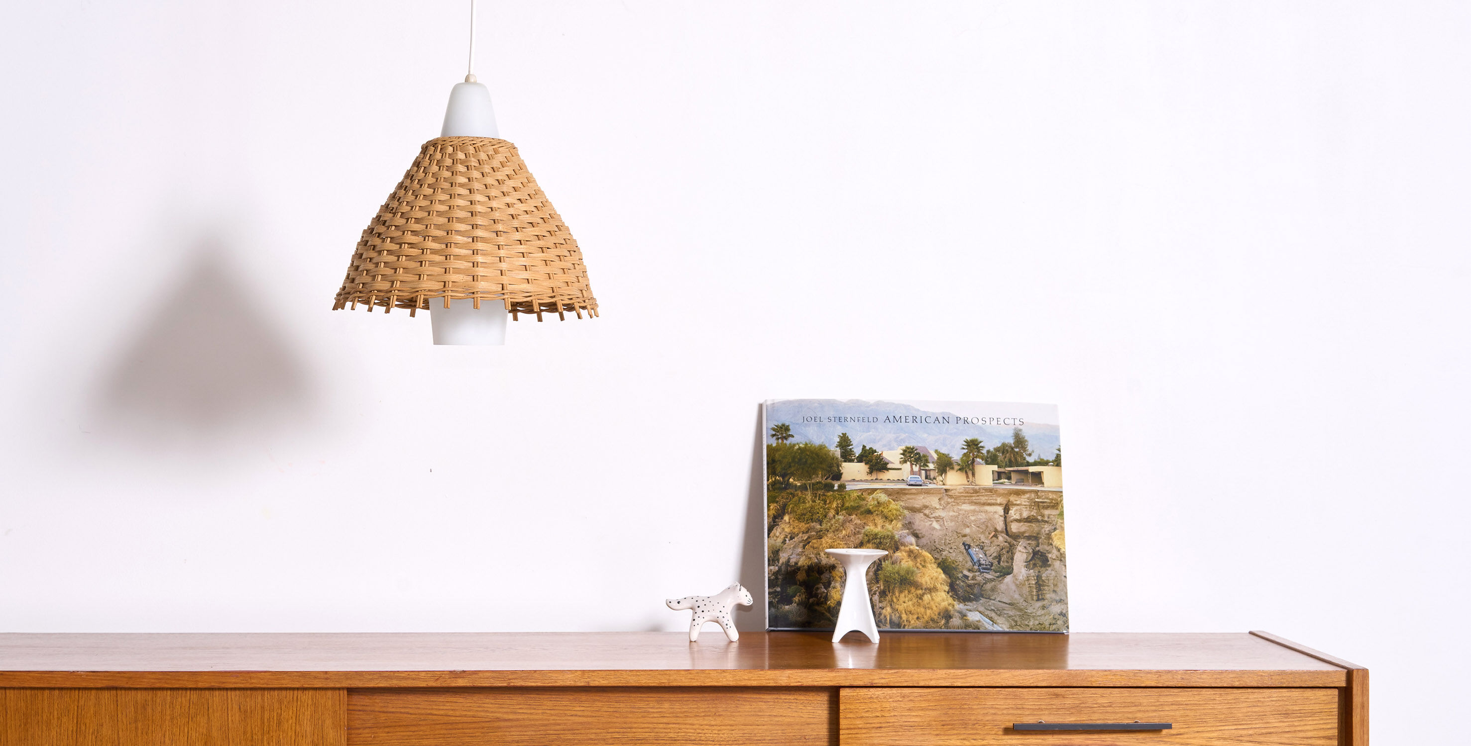 Vintage pendant light, glass & rattan
