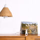 Vintage pendant light, glass & rattan