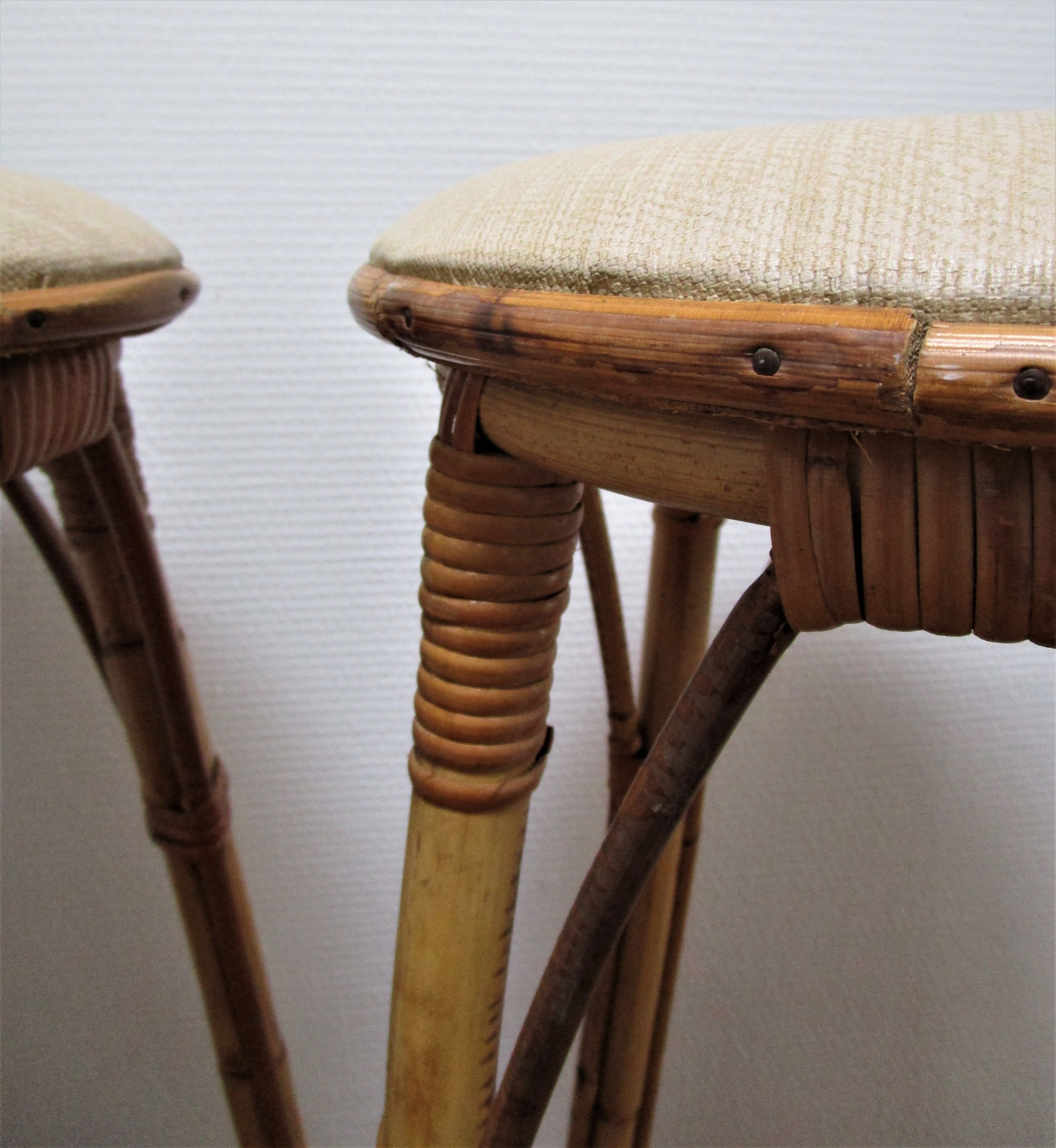 Pair of rattan bar stools and vintage bamboo