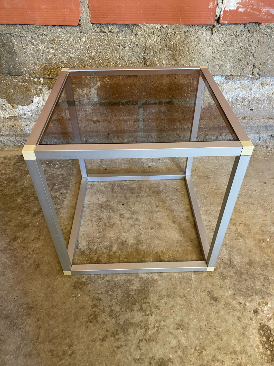 Vintage Cube Coffee Table, Aluminum + Smoked Glass, 1980s