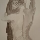 Tableau signé aquarelle monochrome sépia portrait féminin « la coiffure »