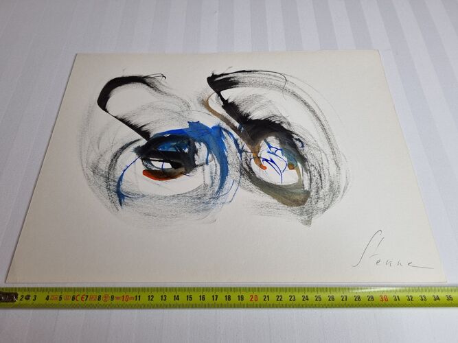 Robert Stenne Abstraction technique mixte aquarelle & encre de chine signé