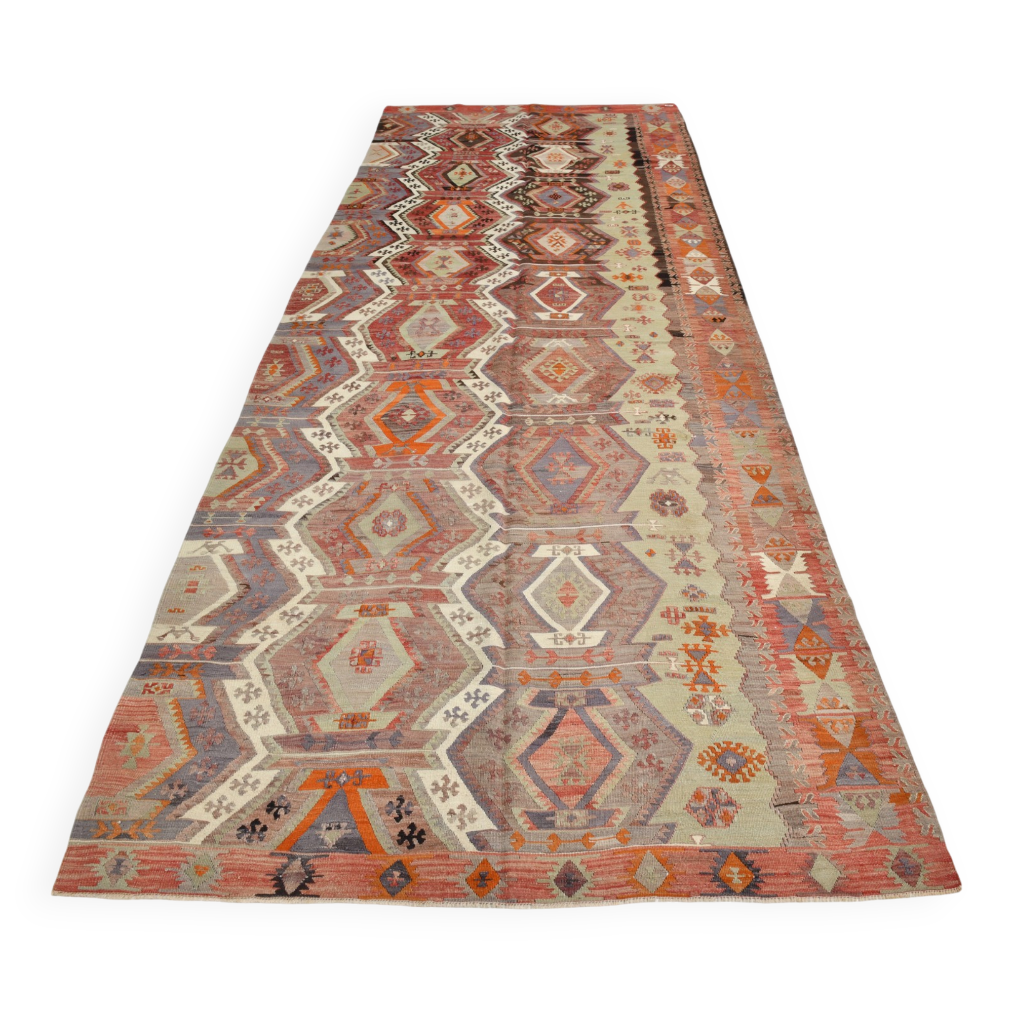153x412Cm Soft Handmade Wool Vintage Kilim Rug,