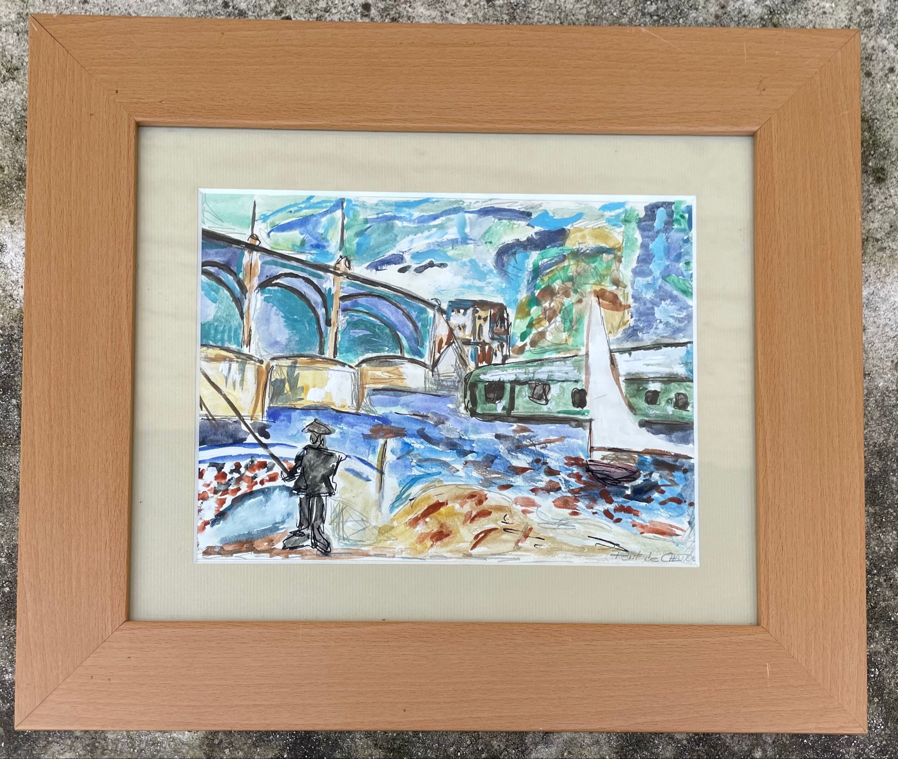 Modern painting painting seen from the bridge of Chatou XXth