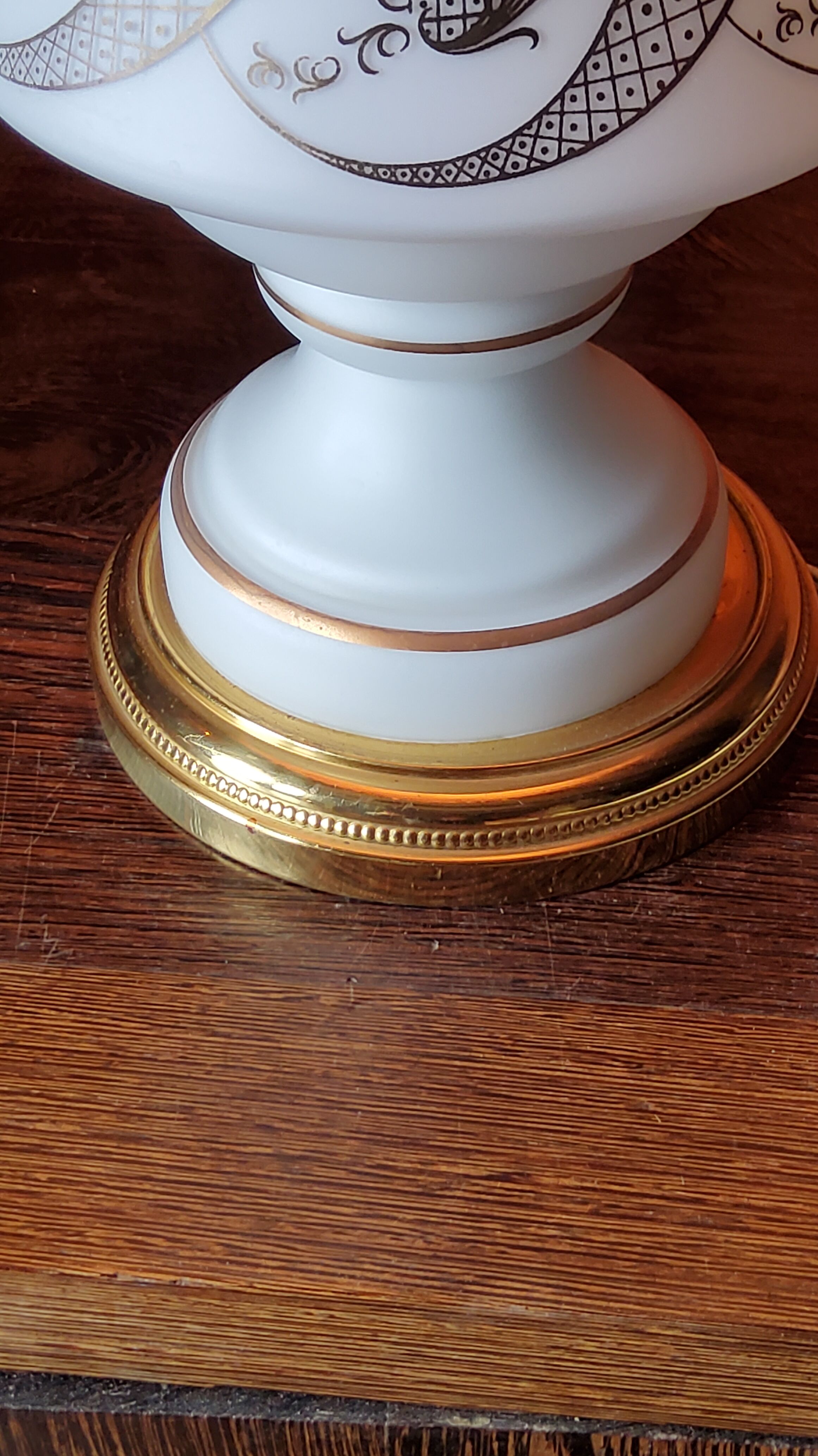 Vintage lamp of the 50s in white and golden opaline glass lampshade in red satin 75cm