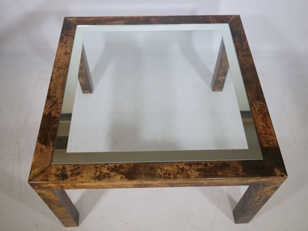 Table basse design Aldo Tura, en verre, cuir de chèvre et parchemin – Table d'appoint 1978