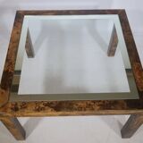 Table basse design Aldo Tura, en verre, cuir de chèvre et parchemin – Table d'appoint 1978