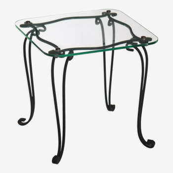 Side table in wrought iron and glass top year 50