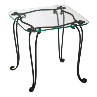 Side table in wrought iron and glass top year 50