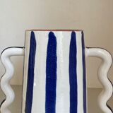 Klein blue and white striped ceramic vase with abstract handmade wavy handles