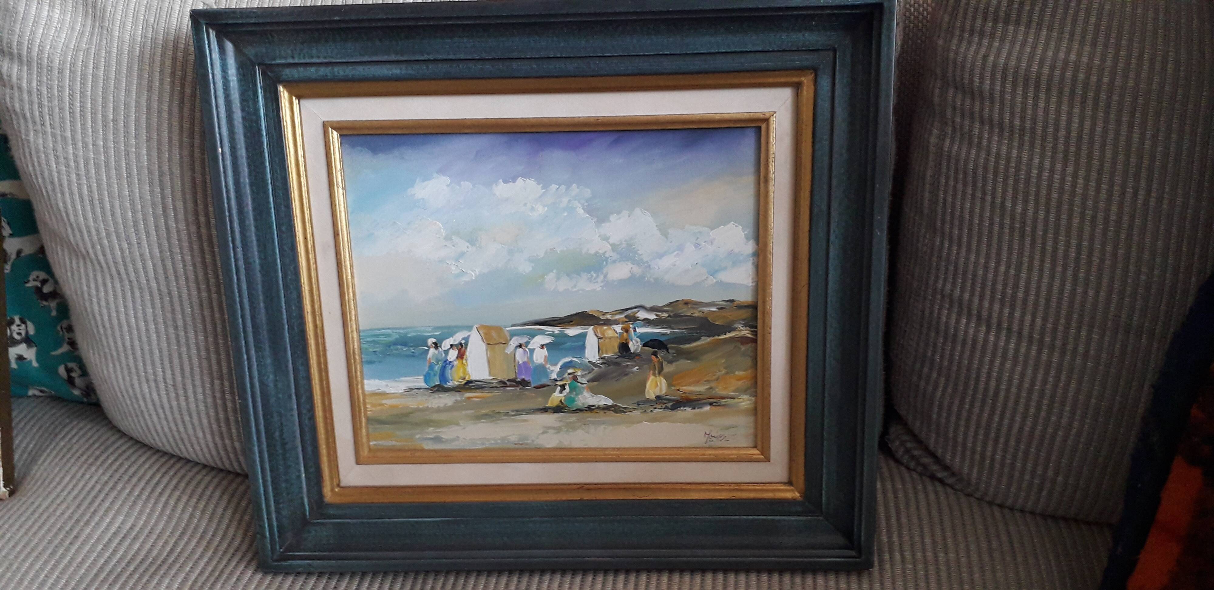 Antique oil painting depicting a seaside scene