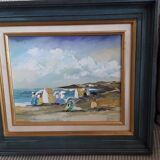 Antique oil painting depicting a seaside scene