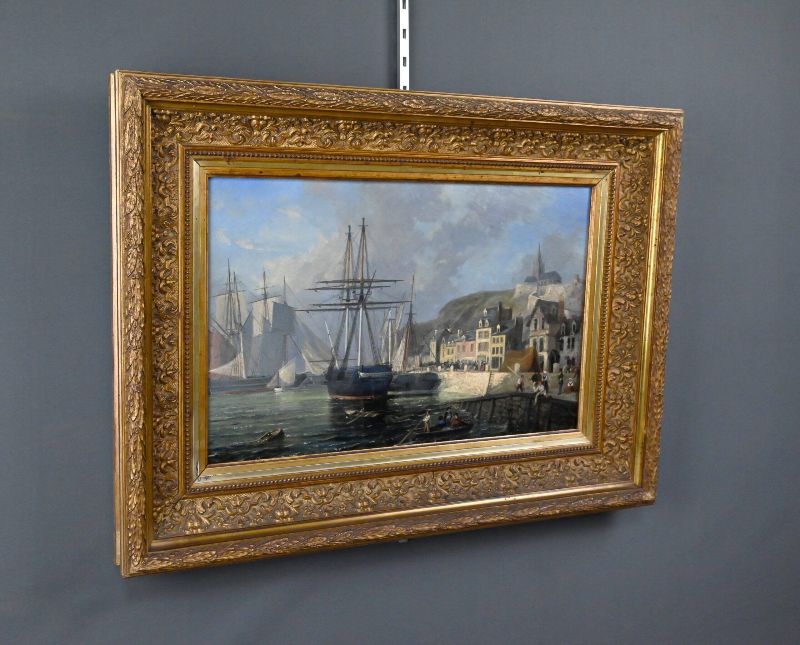 Tableau "Quay in Light", oil on panel, signed Jules d'Évry – Mid 19th century