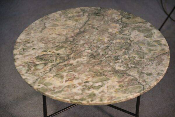 Marble side table with wrought iron base and brass balls in the style of Jean Royère, 1940s