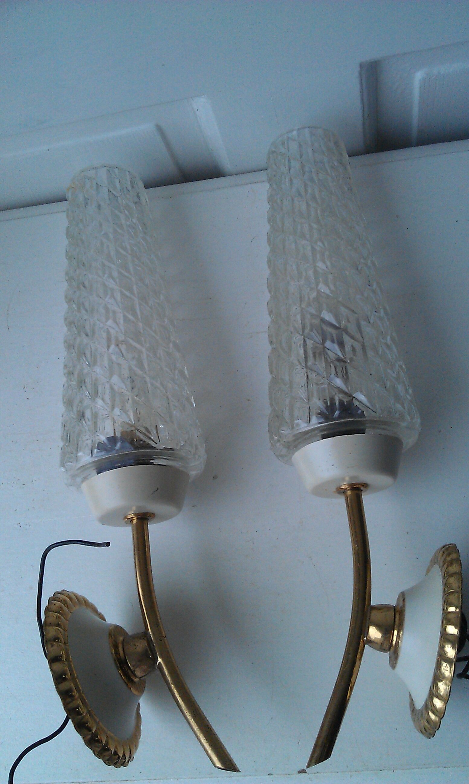 Pair of vintage gold metal and glass wall