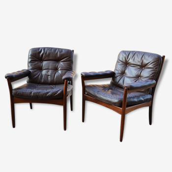 Paire fauteuil en teck et cuir scandinave design gote mobler