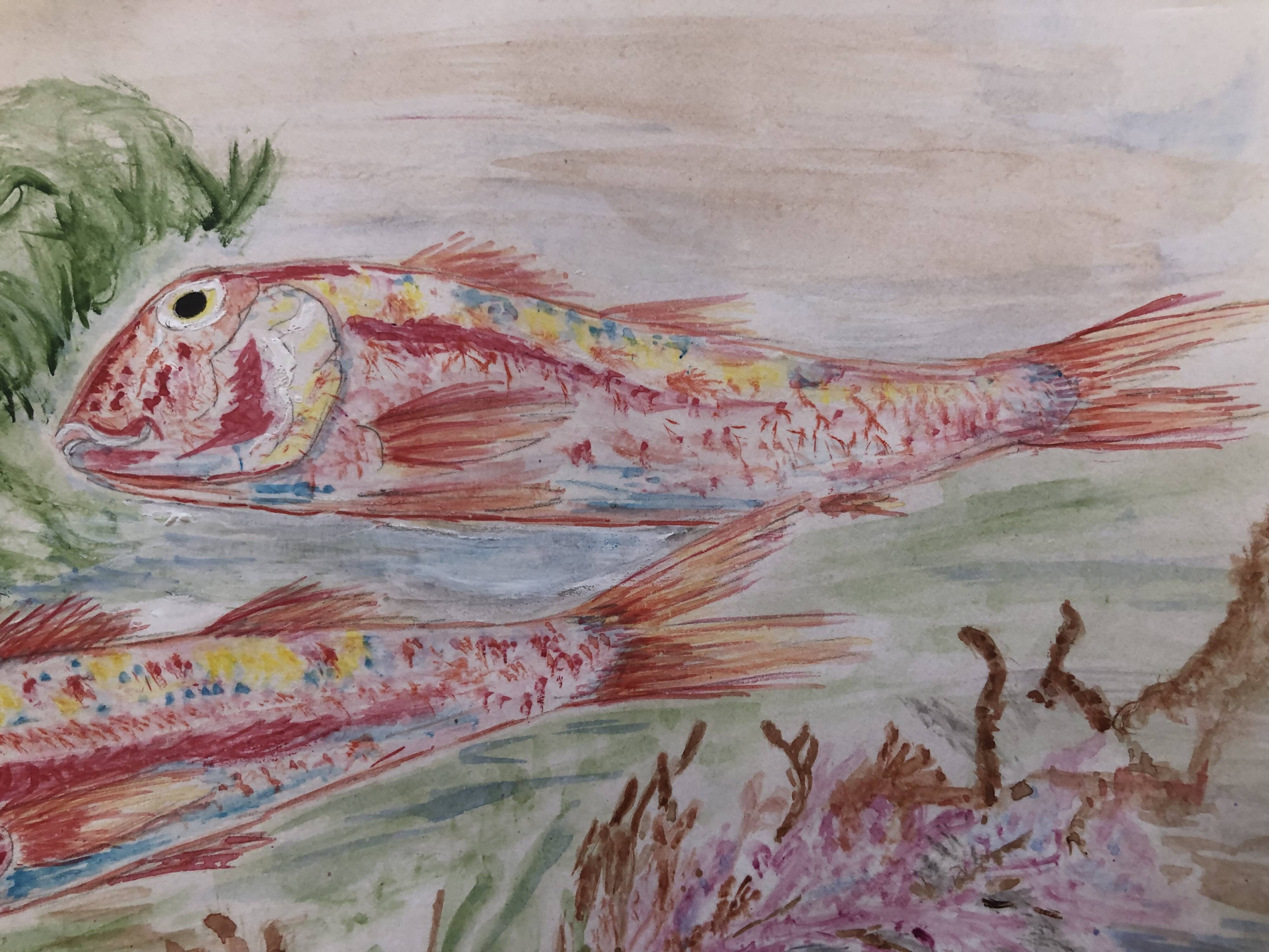 Watercolor 1960 red fish by denise collet, naive, xx painting on paper, without frame