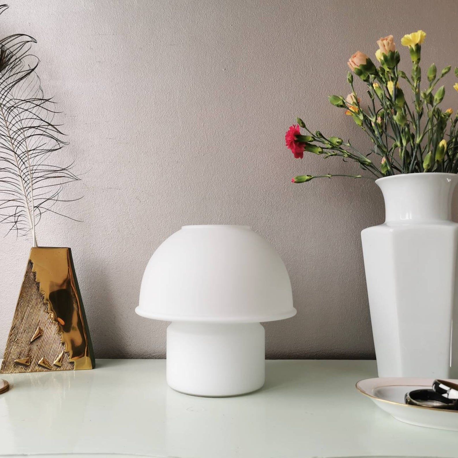 Glassh-tte Limburg 80s white glass mushroom table lamp