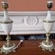 Pair of antique table lamps in white marble and gold metal.