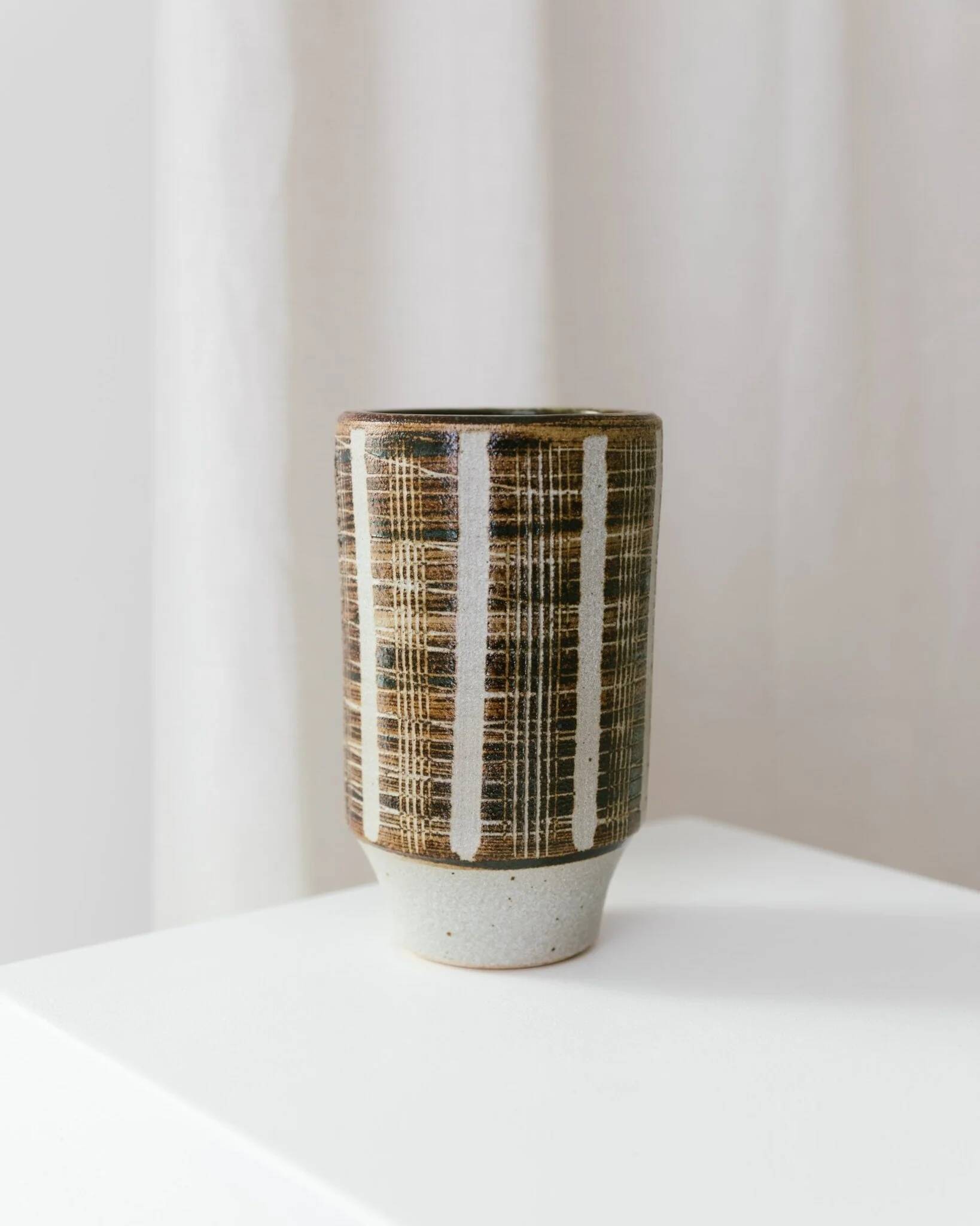 Brown Beige Ceramic Vase - Mid-Century Studio Vase, 1960s, Crosshatch Texture
