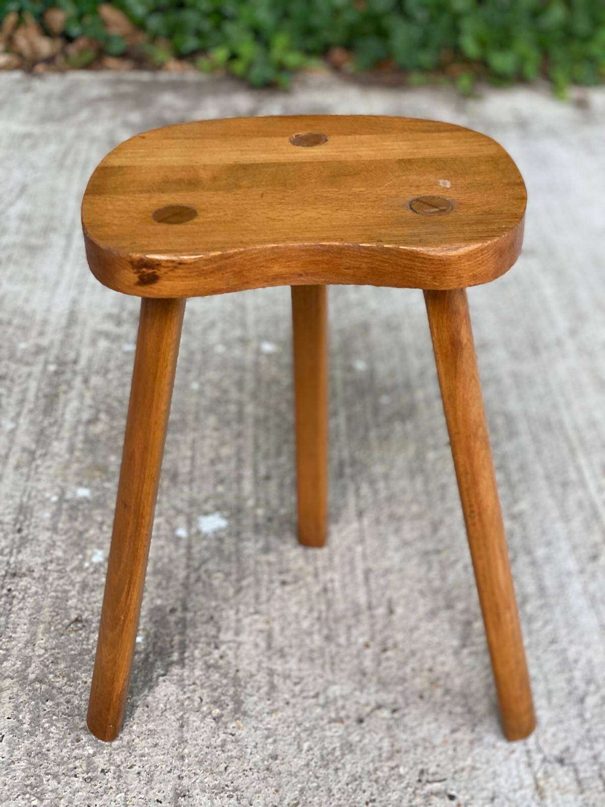 Scandinavian solid wood brutalist tripod stool 1970