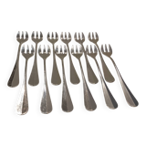 12 silver-plated oyster forks by silversmith J Brille with stick handles.