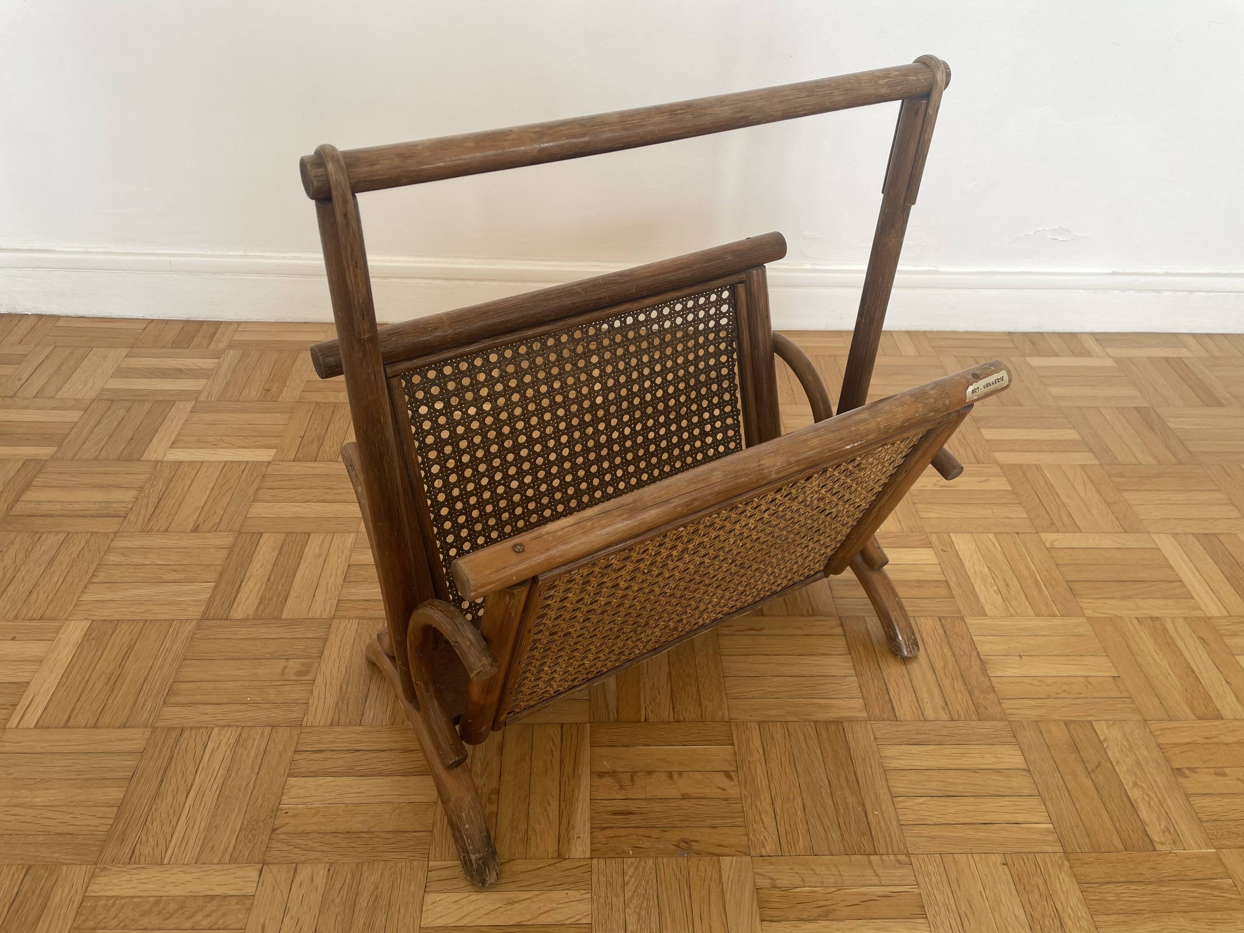 Brown rattan and cane magazine rack