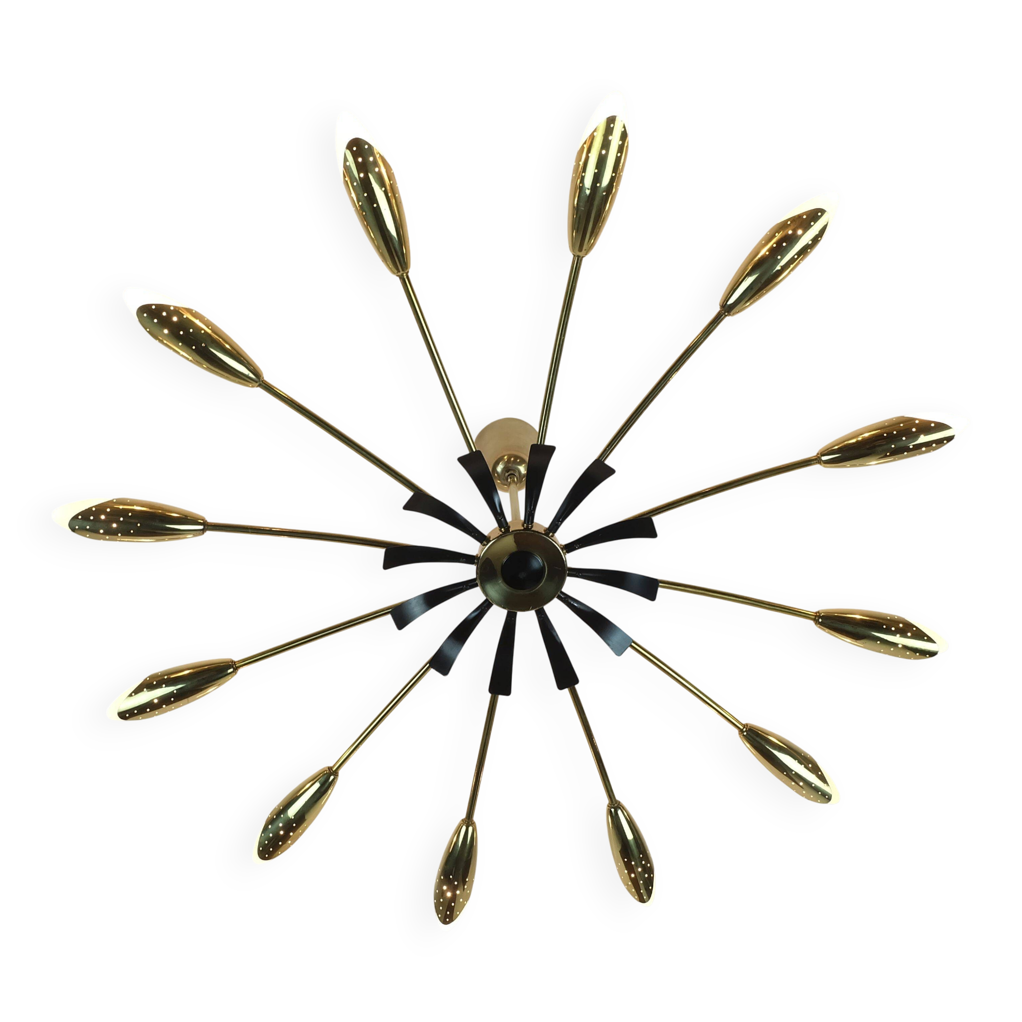 Grand plafonnier araignée Sputnik à 12 lumières, en laiton et métal noir, années 1950