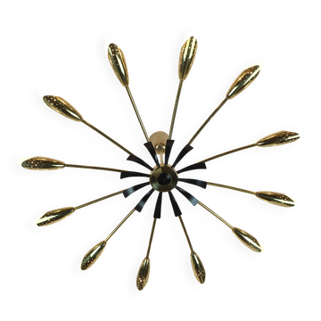 large 12-light sputnik spider CEILING LIGHT brass black metal 1950s