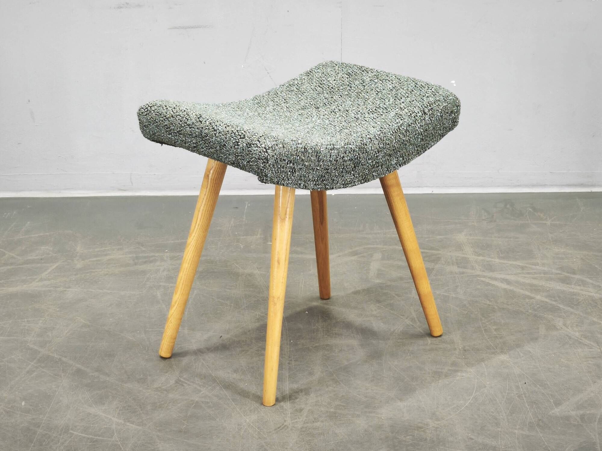 1960s Czech Mid-Century Modern Upholstered Stool with Beech Wood Legs