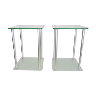 Pair of end tables, glass and gray metal bedside table, 1980s