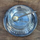 Antique silver-plated metal and glass sugar bowl with spoon