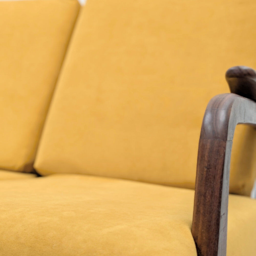 Second-hand Danish teak canapé, reupholstered in yellow, 1960s.