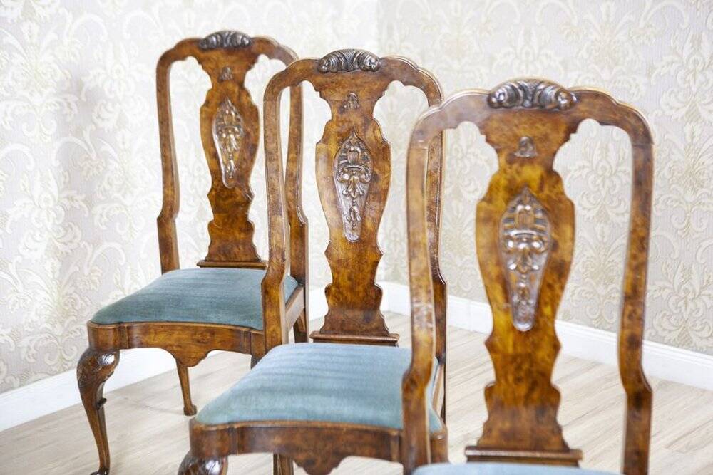 Vintage English Walnut Chairs, 1920s, Set of 3