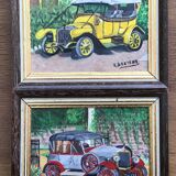 Paire de tableaux vintages représentants 2 vieux tacots