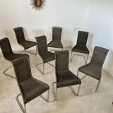 Lot de 8 chaises tubulaire design Tecta style bauhaus métal et cannage gris vintage année 80