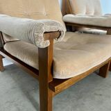 Pair of lounge chairs in wood and designer fabric from the 60s vintage Scandinavian look