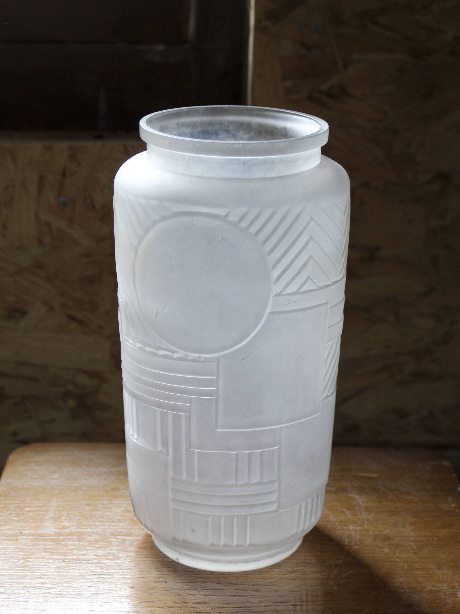 Molded pressed glass vase with geometric decoration Verrerie Legras