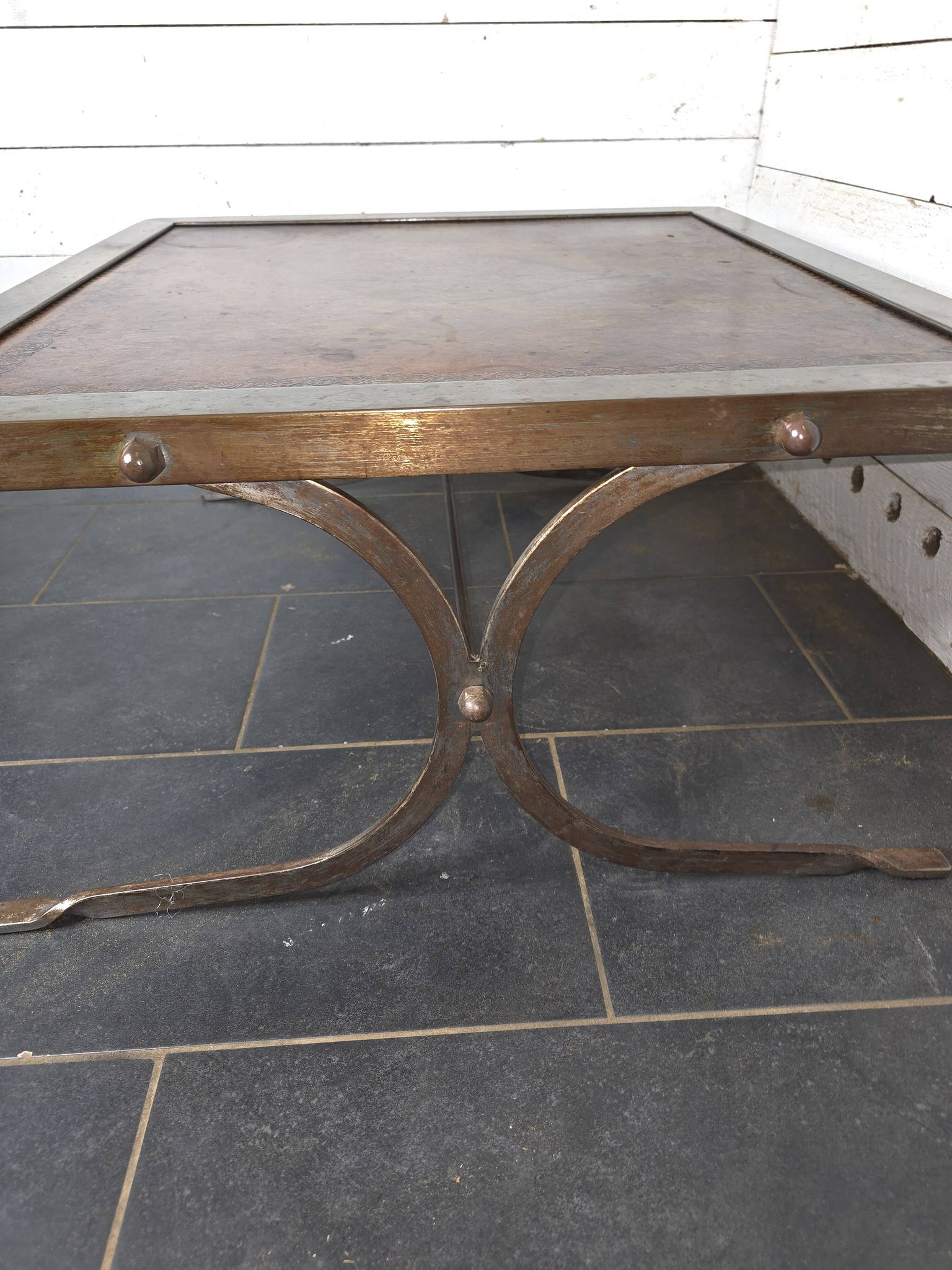 Vintage steel and leather coffee table