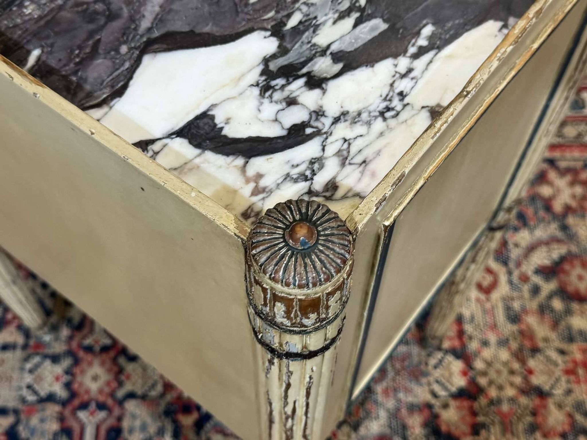 Beech bedside table painted with a marble top in Louis XVI style from the late 19th century.
