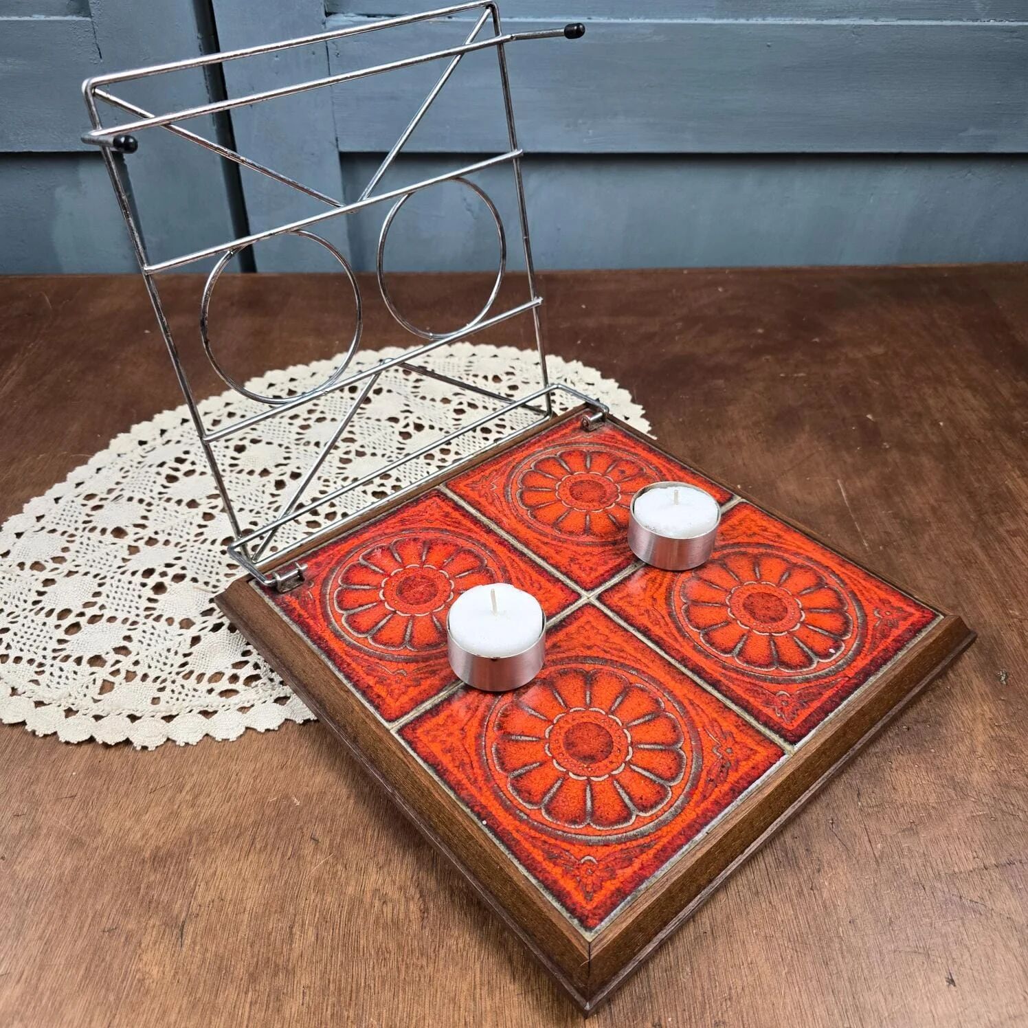 Vintage 1970s candle warmer – Orange ceramic & metal