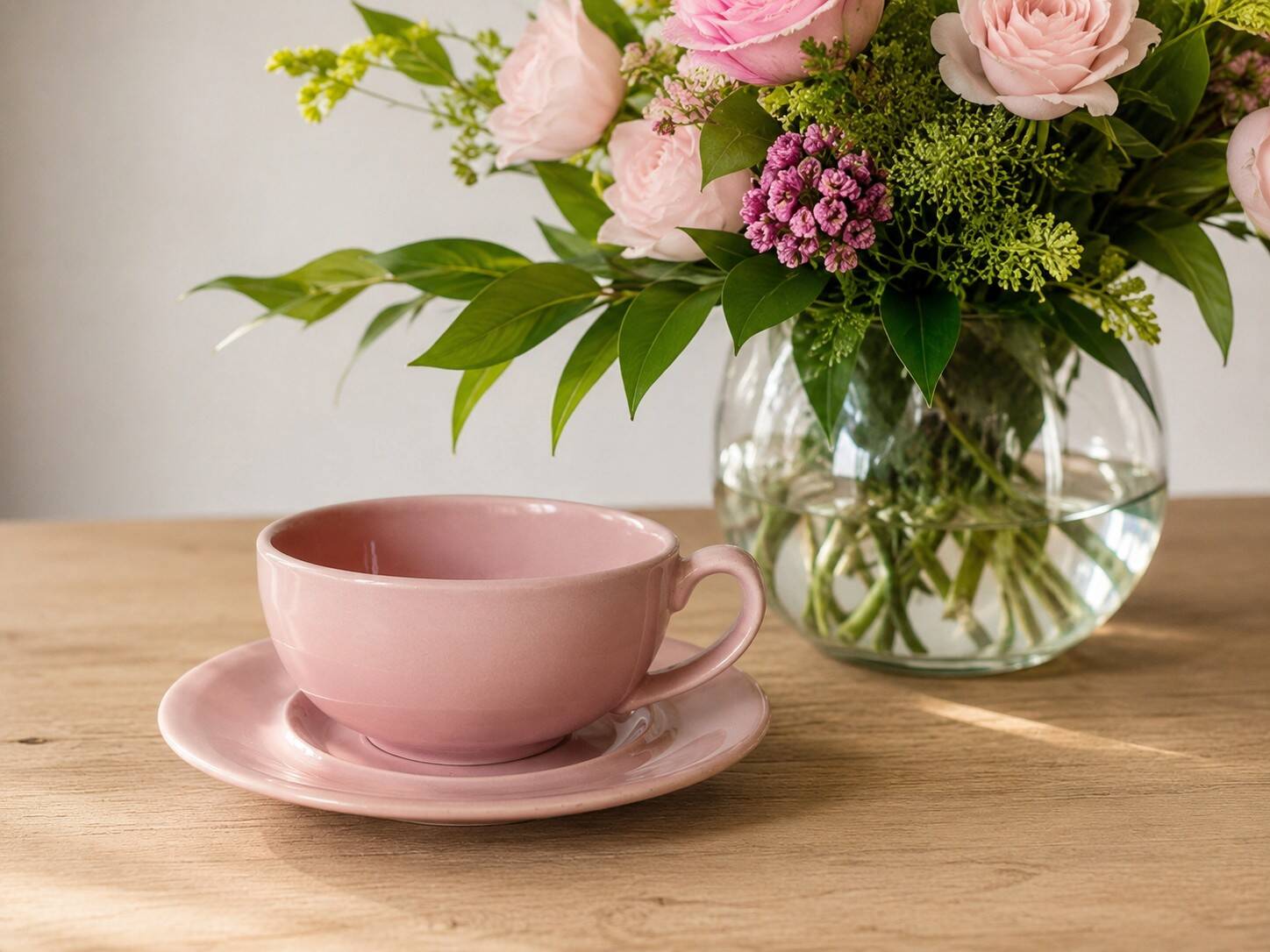 Cup and saucer Salins France in powdered pink earthenware – 1950s-60s