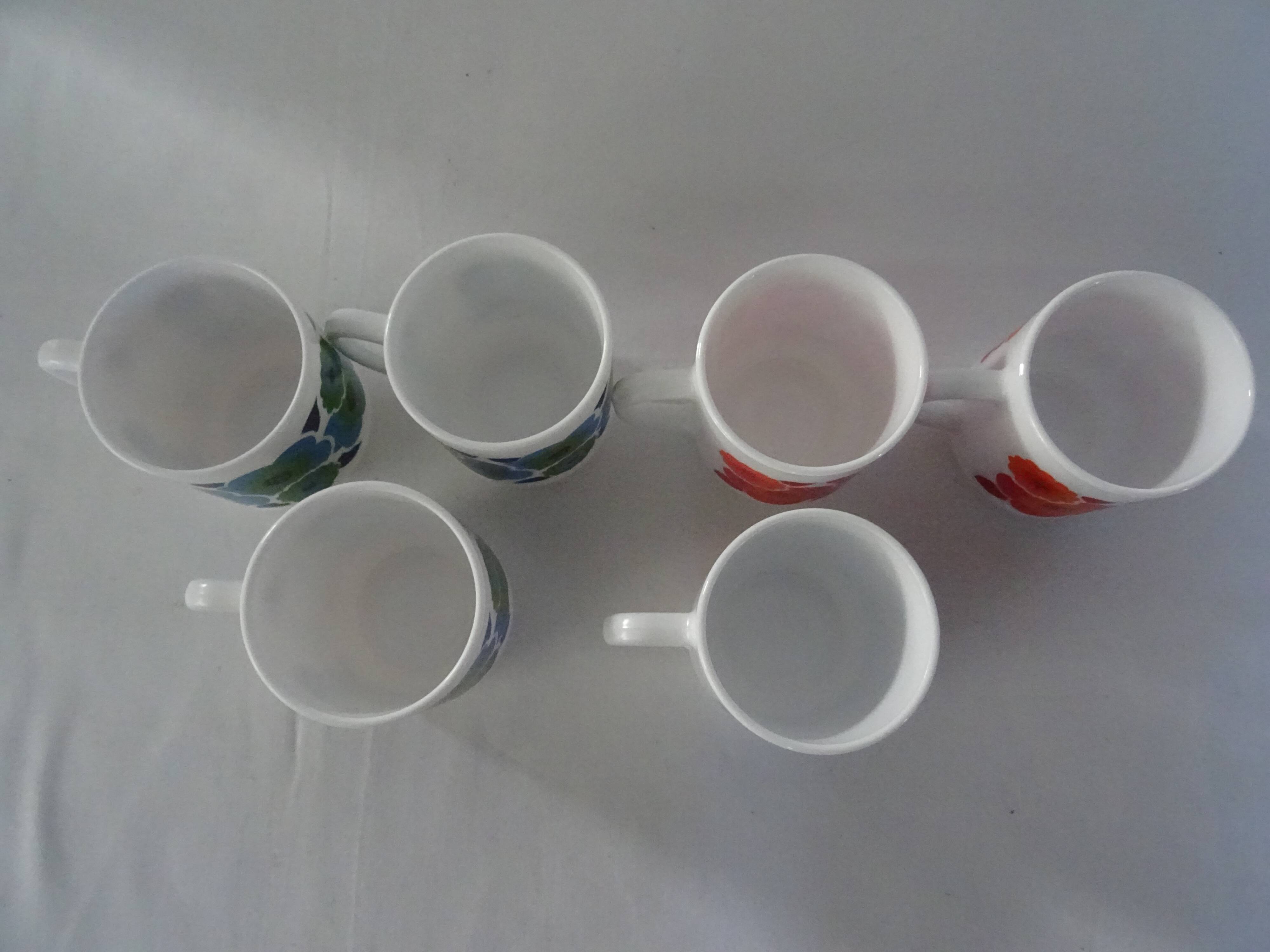 6 MUGS vintage flowers LOTUS 562112 Arcopal FRANCE orange blue