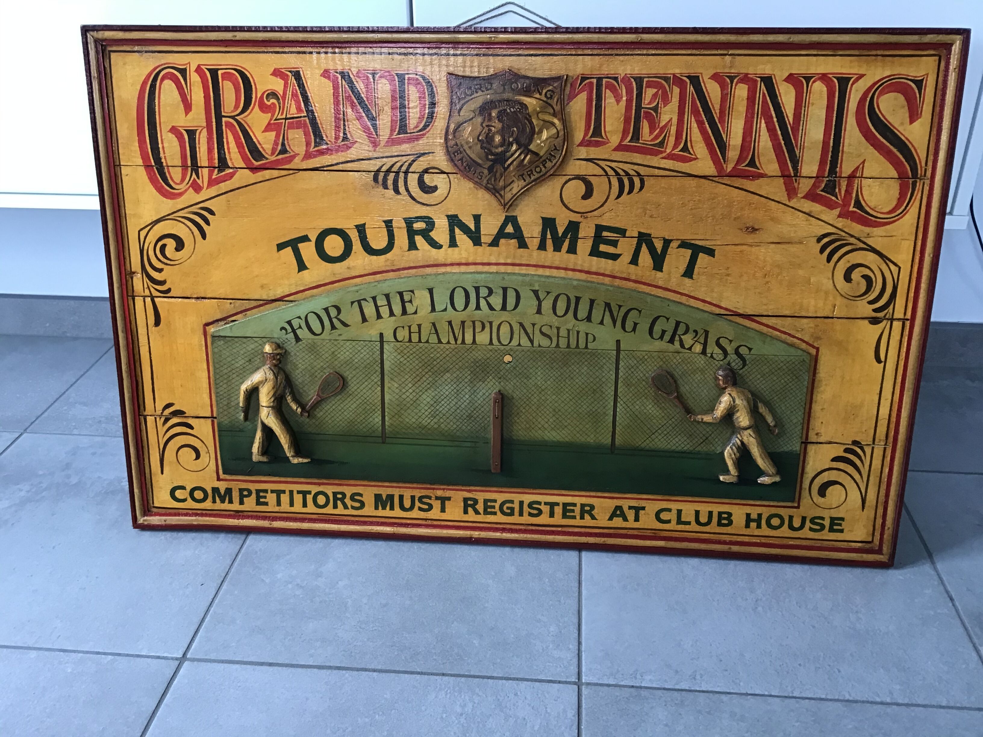 English wooden painting in relief "tennis tournament"