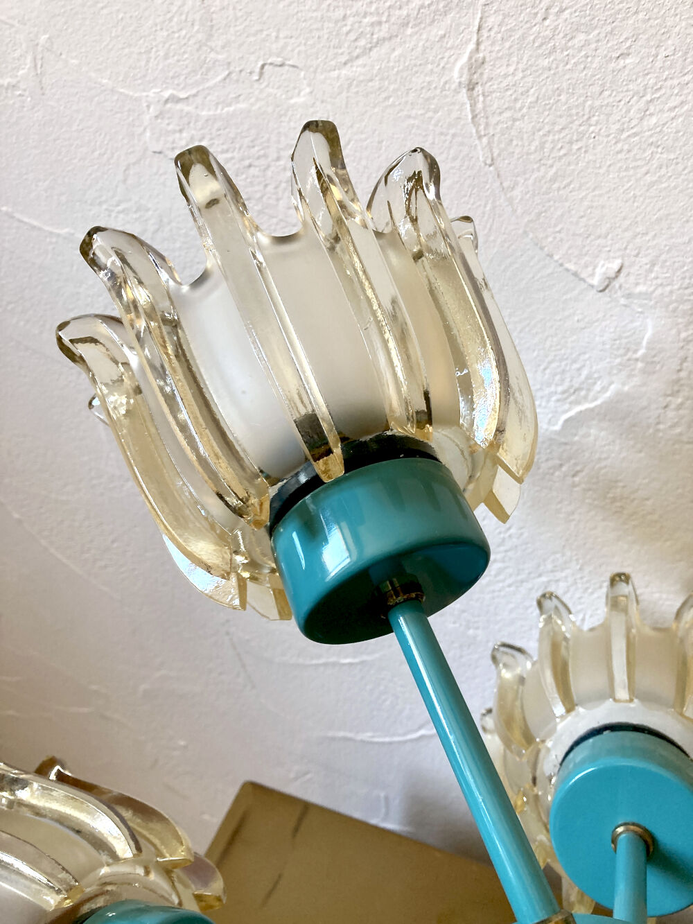 Turquoise glass and metal chandelier with 9 lights, Leclaire & Schäfer, 1960