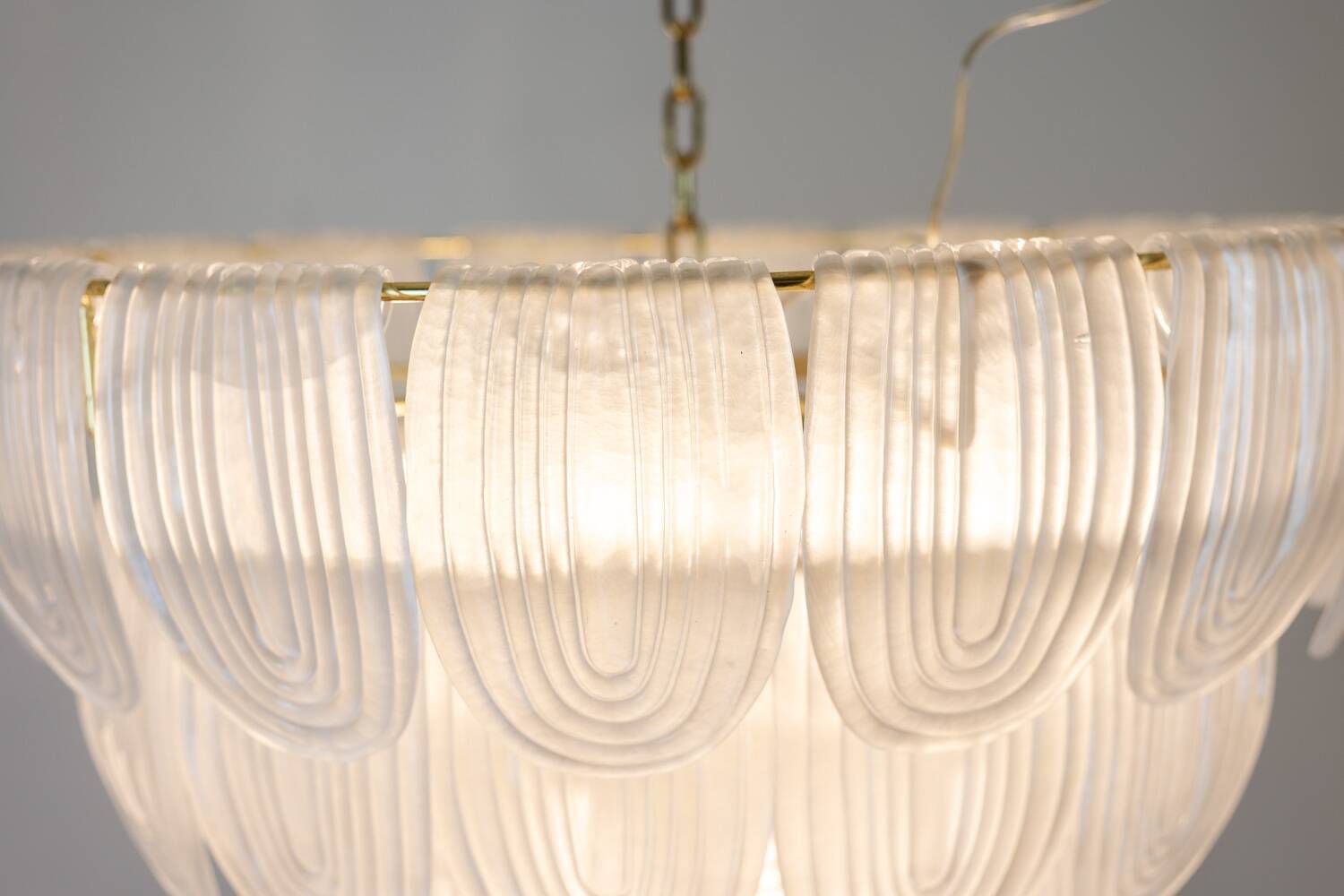 Translucent white Murano glass chandelier. Italy, contemporary work.