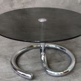 Table basse années 1970 en verre fumé et chrome