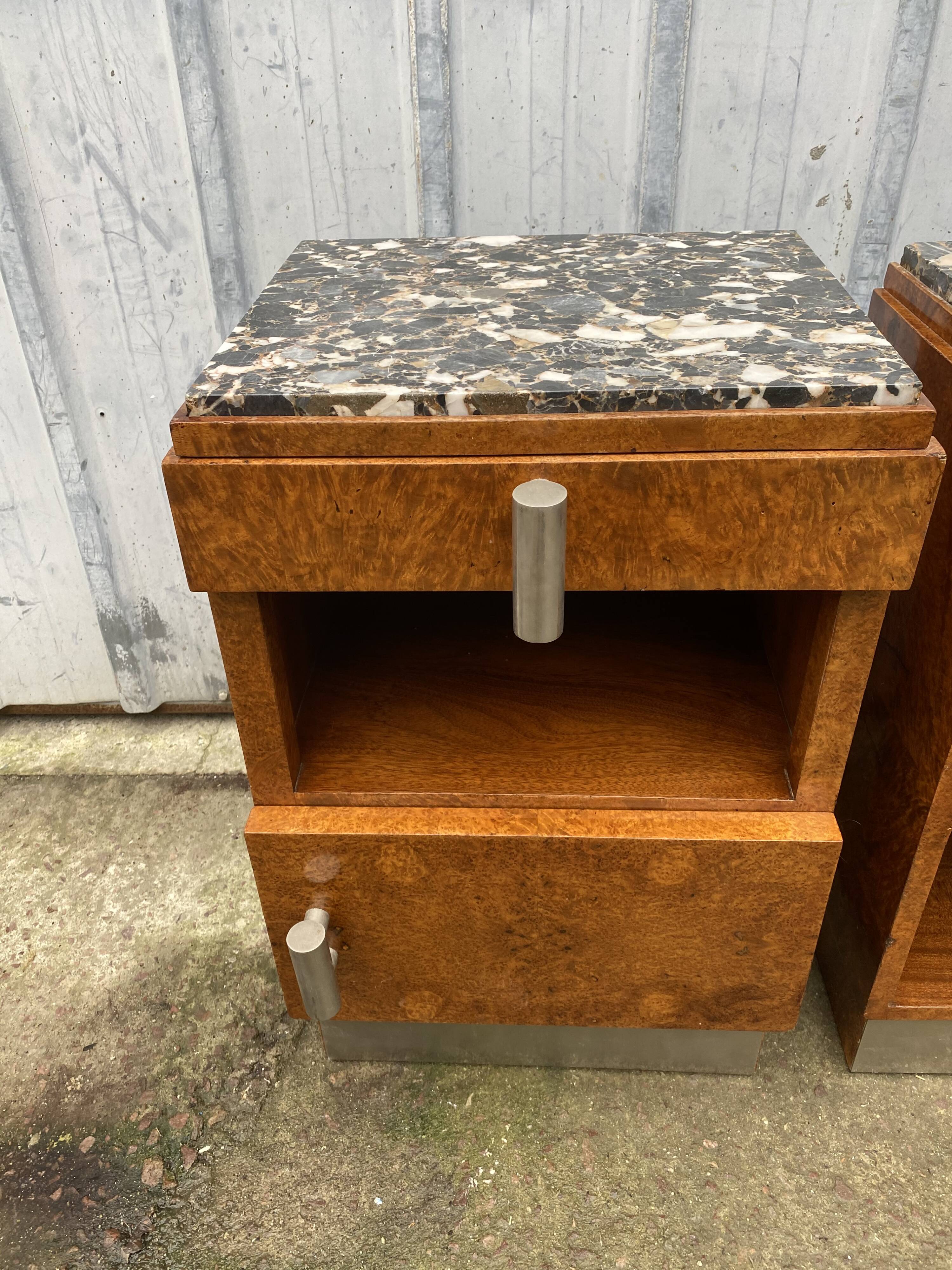 Pair of bedside table night art deco style elm and marble magnifying glass