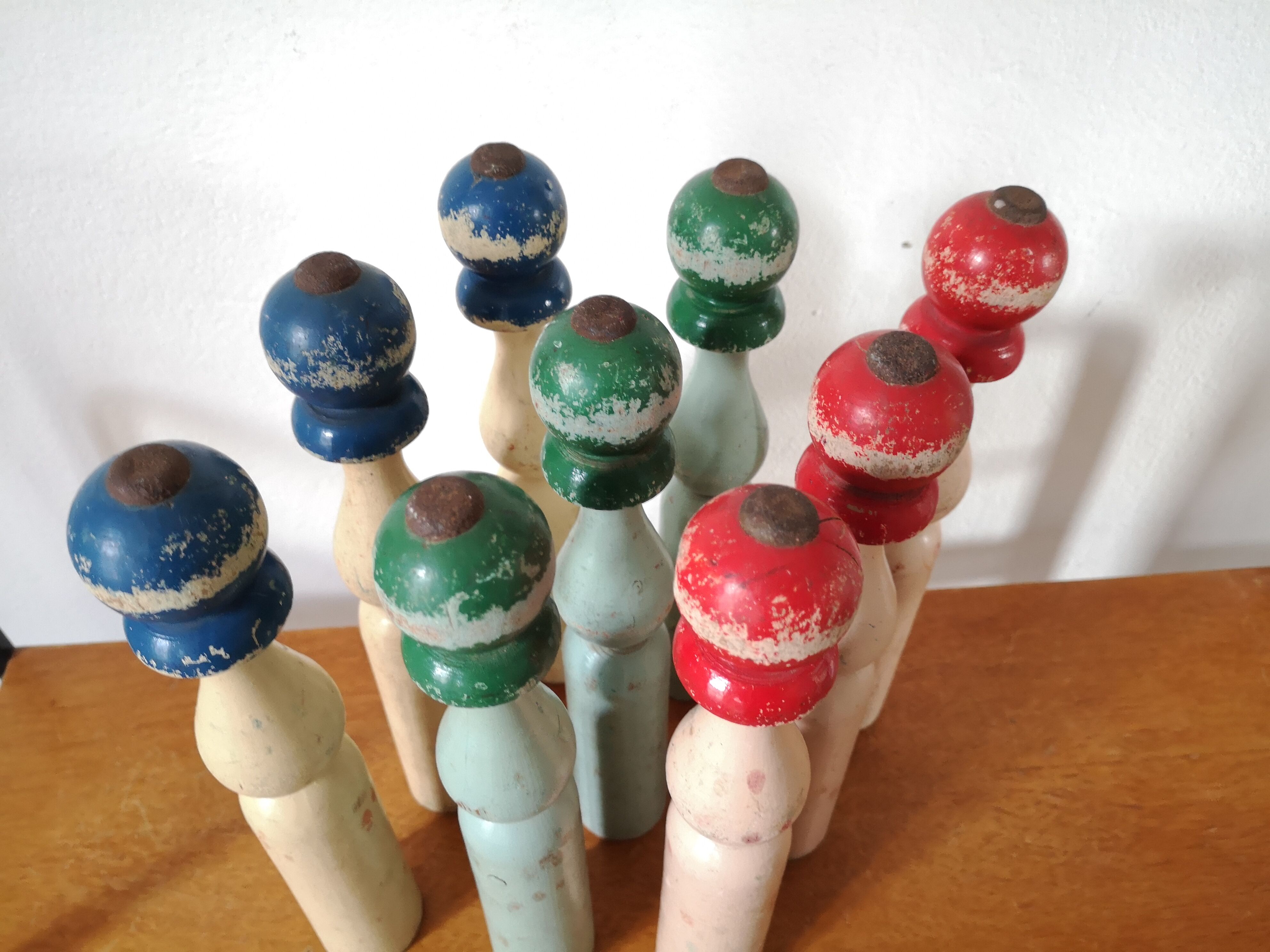 Series of 9 old bowling painted wood